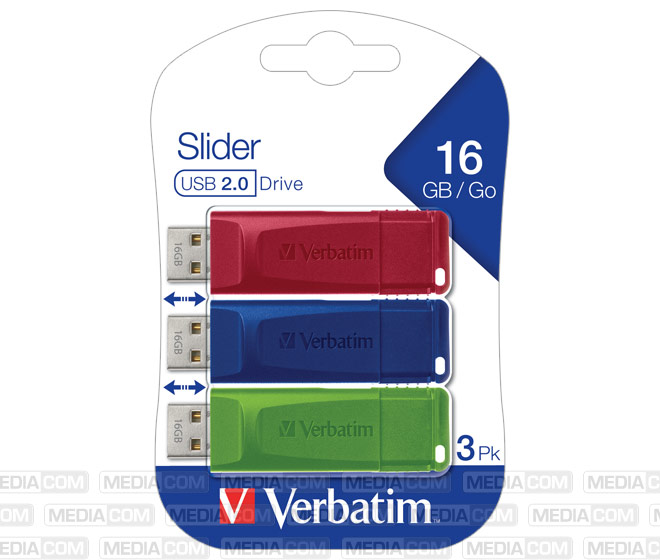 USB 2.0 Stick 16GB, Slider, rot-blau-grün, Multipack