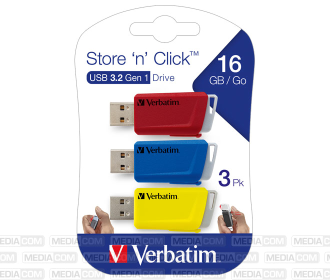USB 3.2 Stick 16GB, Store'n'Click, rot-blau-gelb